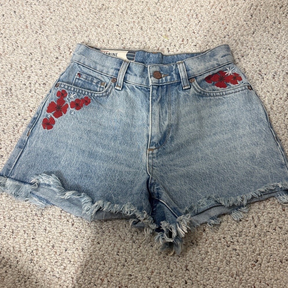 Marine Layer Light Blue Denim Shorts with Red Floral Embroidery - Picture 4 of 8